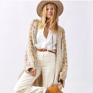 Anthropologie Fringe Beige Knit Oversized Cardigan